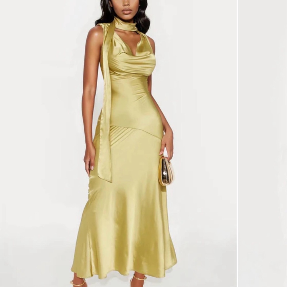 Satin Cowl-Neck Maxi Dress in Olive